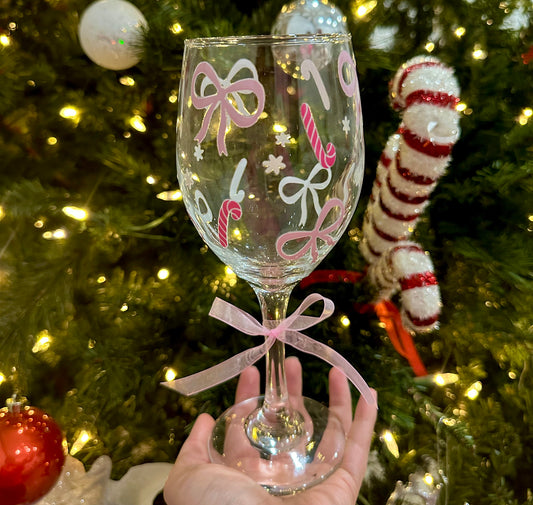 Pink Bows & Candy Canes Coquette Wine Glass