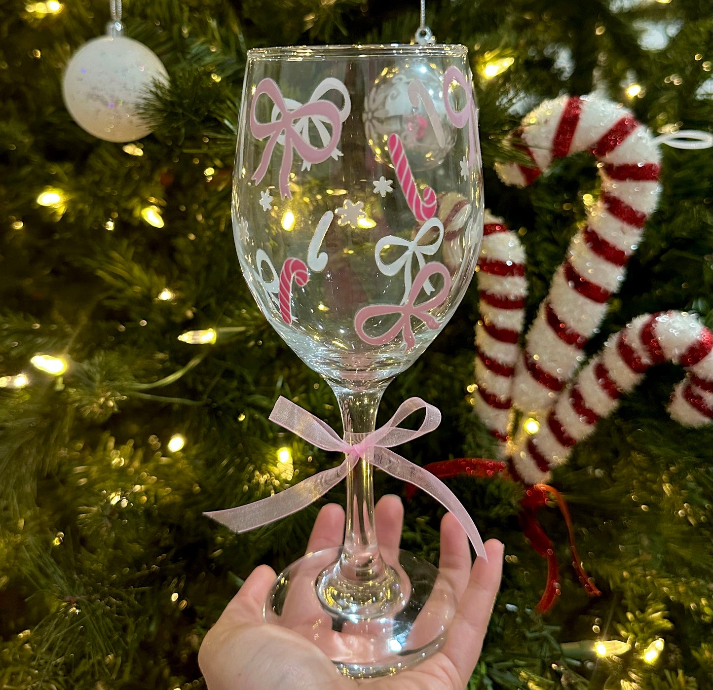 Pink Bows & Candy Canes Coquette Wine Glass