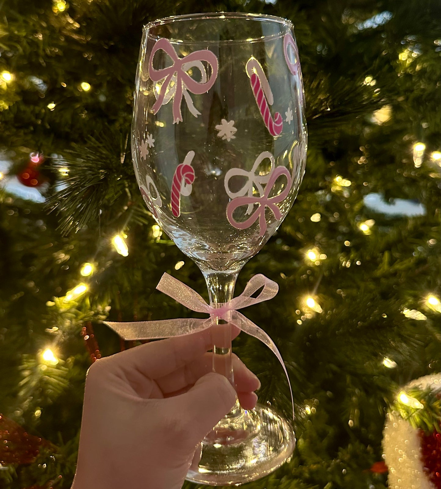 Pink Bows & Candy Canes Coquette Wine Glass