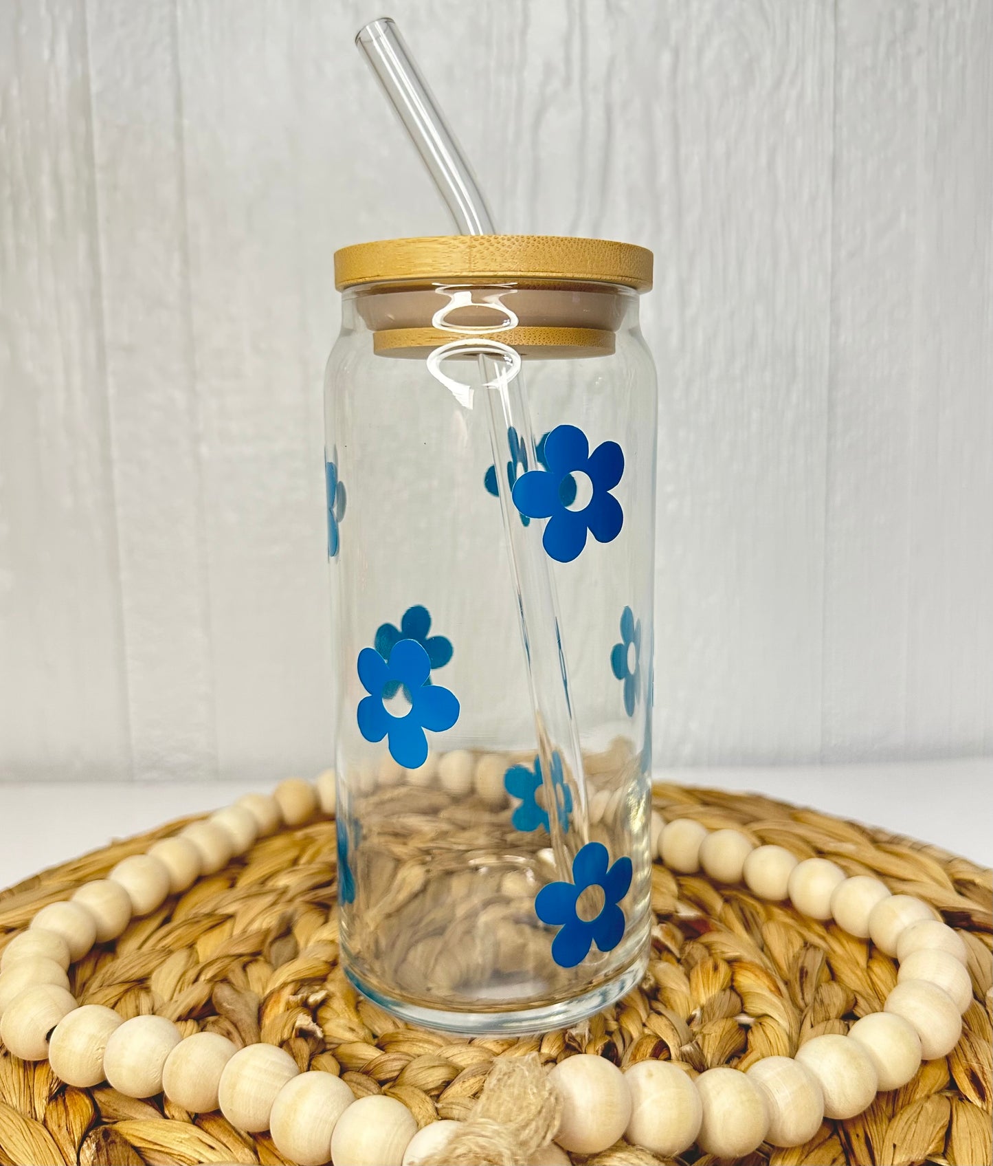 Blue Flowers Glass Cup