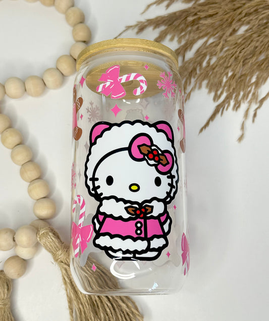 Christmas Pink Kitty & Gingerbread Glass Cup