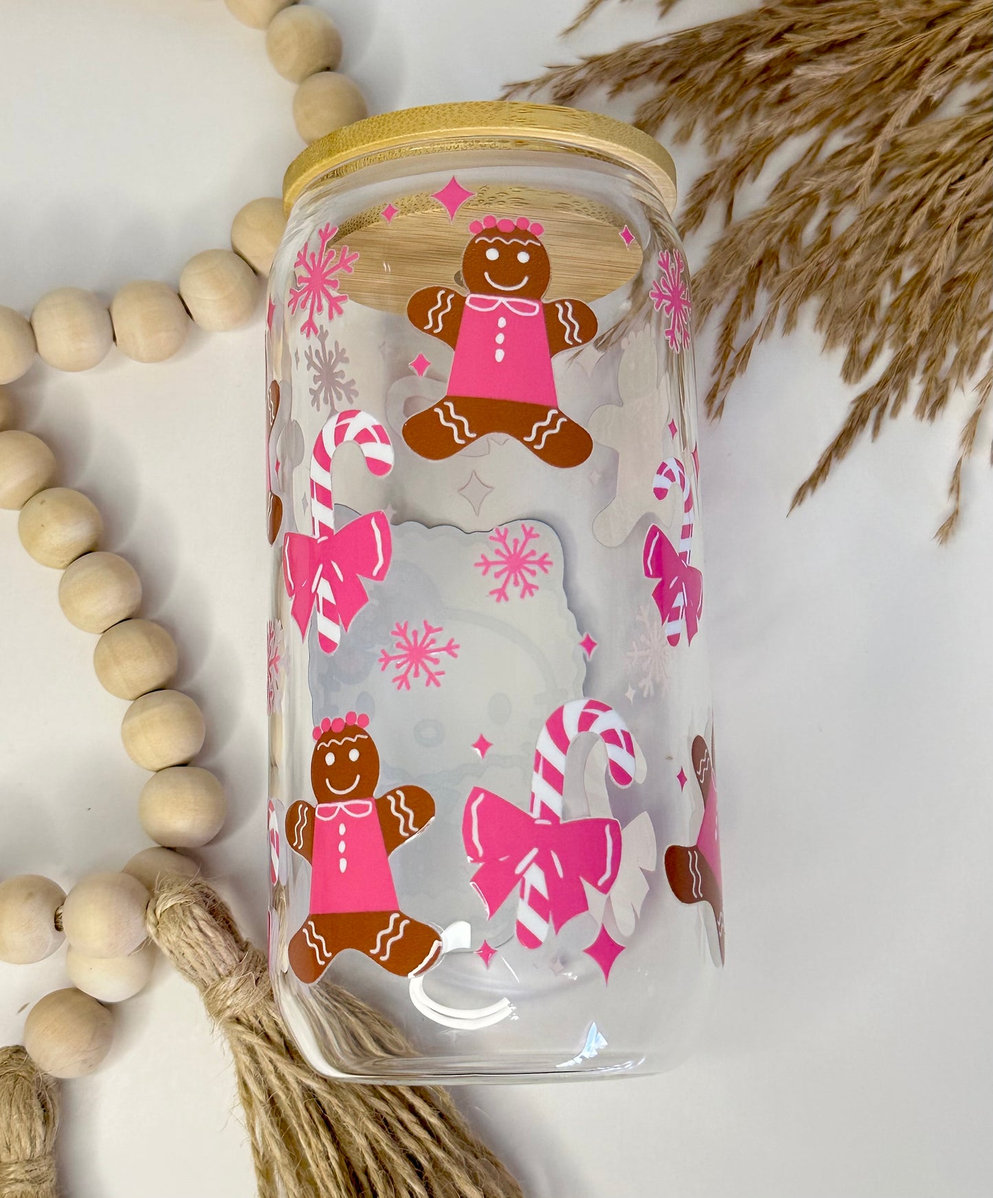 Christmas Pink Kitty & Gingerbread Glass Cup