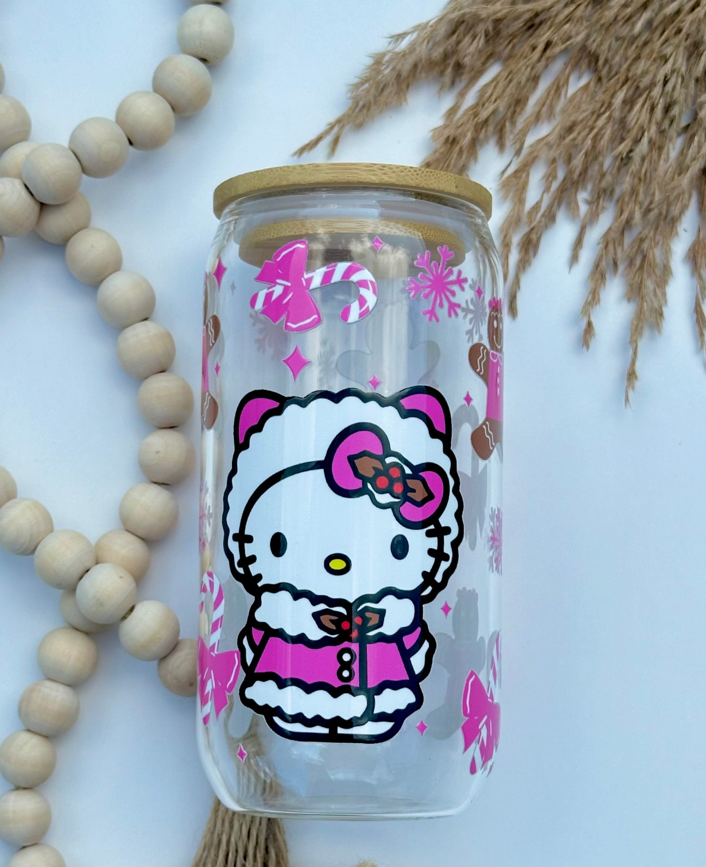 Christmas Pink Kitty & Gingerbread Glass Cup